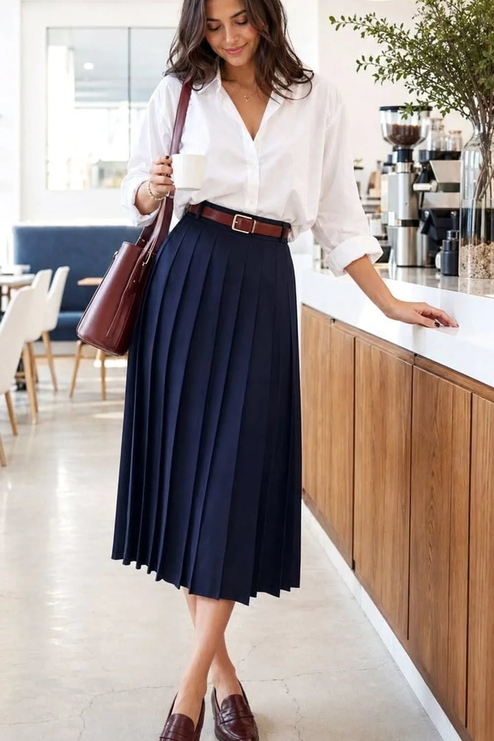 Navy Pleated Midi Skirt With White Button Down Shirt Navy Pleated Midi Skirt With White Button Down Shirt — Trendy Blue Skirt Outfit