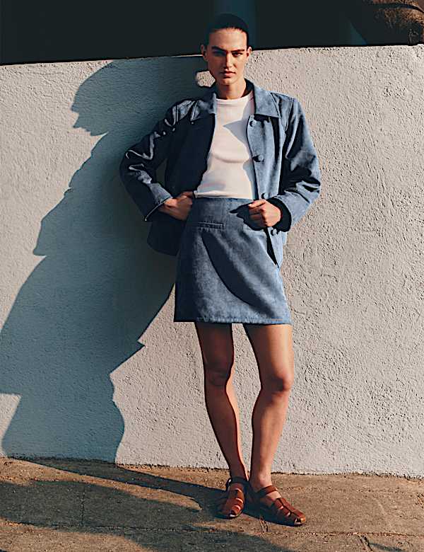 Blue Denim A-Line Mini Skirt With Denim Jacket Blue Denim A-Line Mini Skirt With Denim Jacket — Trendy Blue Skirt Outfit