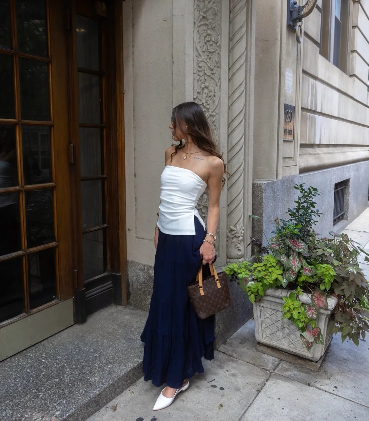 Navy Ruffled Maxi Skirt With White Strapless Top Navy Ruffled Maxi Skirt With White Strapless Top — Trendy Blue Skirt Outfit