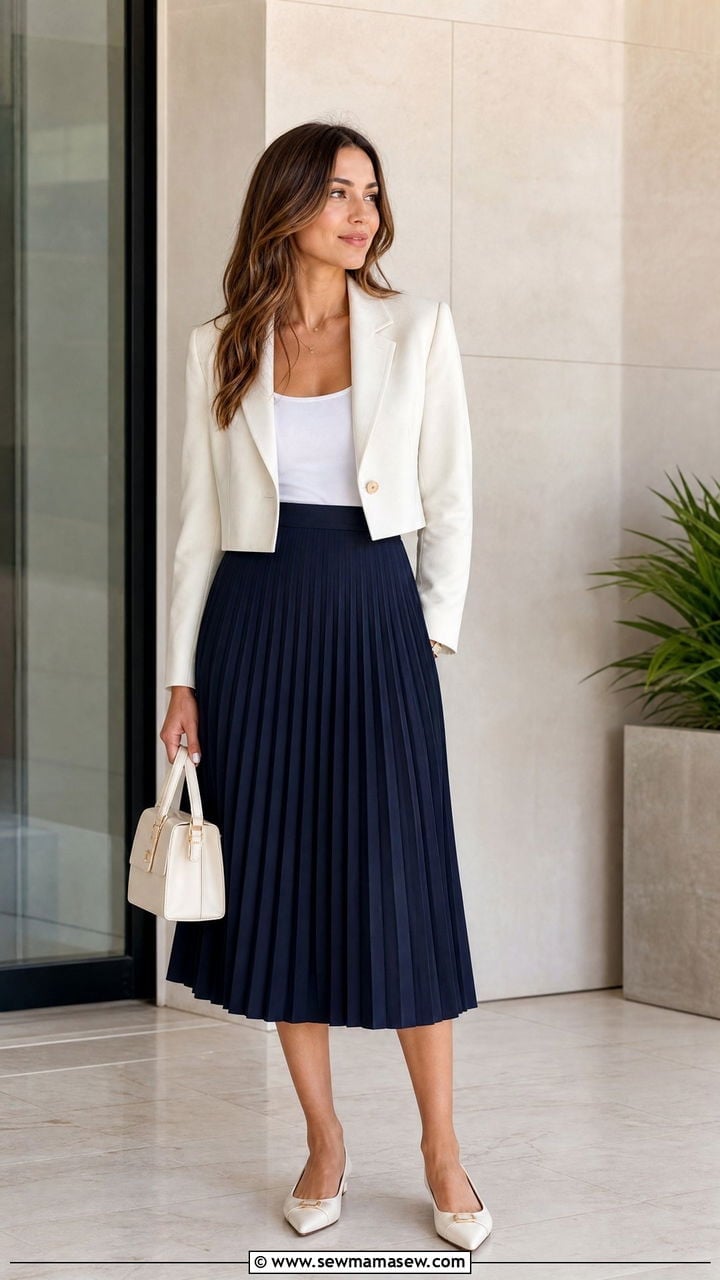 Cream Cropped Blazer Over Navy Pleated Midi Skirt Cream Cropped Blazer Over Navy Pleated Midi Skirt — Trendy Blue Skirt Outfit