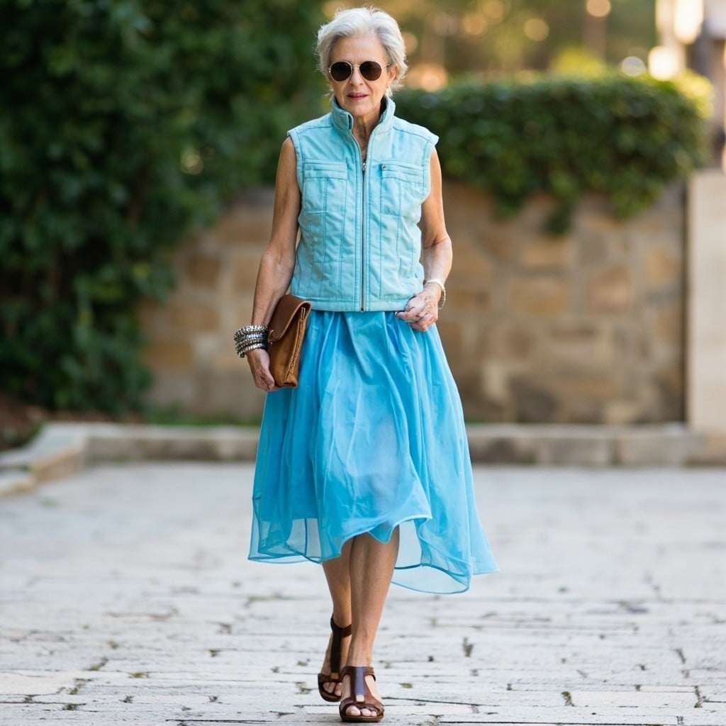 Light Blue Zip-Up Vest With Flowing Sheer Midi Skirt Light Blue Zip-Up Vest With Flowing Sheer Midi Skirt — Trendy Blue Skirt Outfit