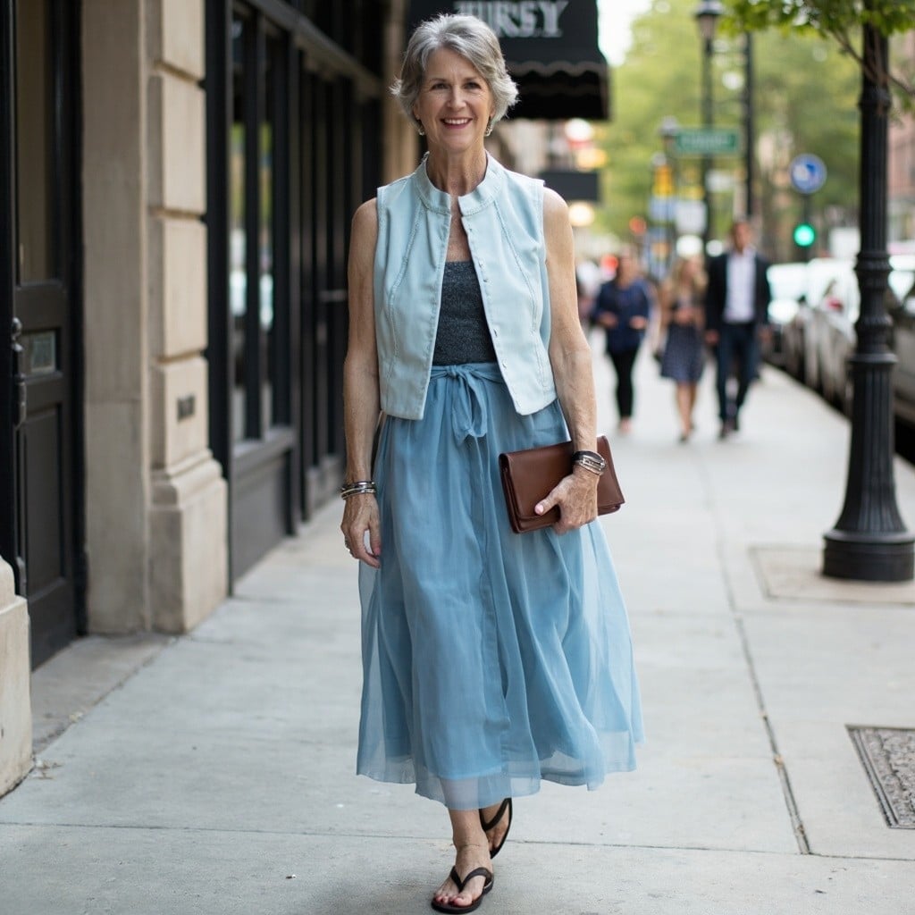 Light Blue Tulle Midi Skirt With Grey Top Light Blue Tulle Midi Skirt With Grey Top — Trendy Blue Skirt Outfit