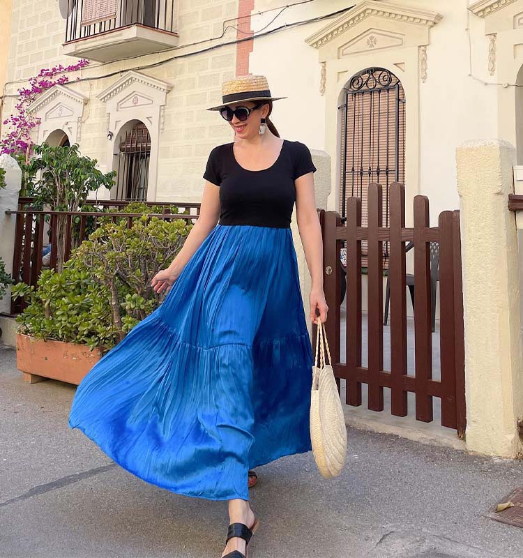 Cobalt Blue Satin Tiered Midi Skirt With Black Tee Cobalt Blue Satin Tiered Midi Skirt With Black Tee — Trendy Blue Skirt Outfit