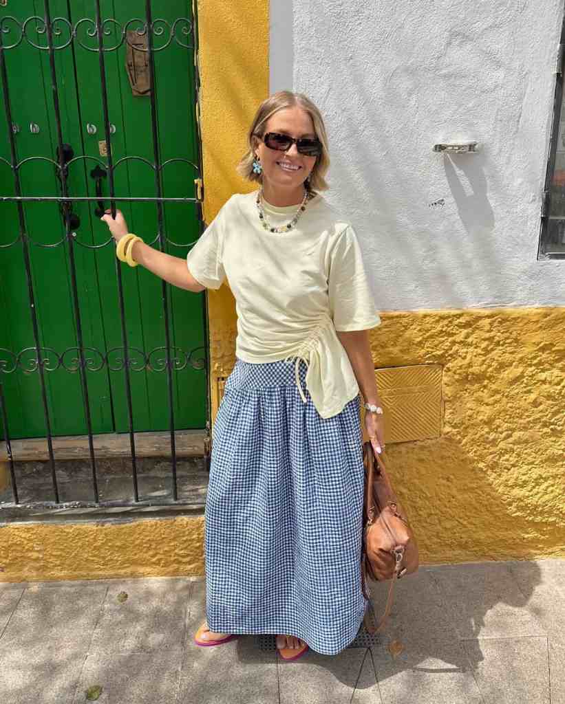 Blue Gingham Maxi Skirt With Yellow Top Blue Gingham Maxi Skirt With Yellow Top — Trendy Blue Skirt Outfit