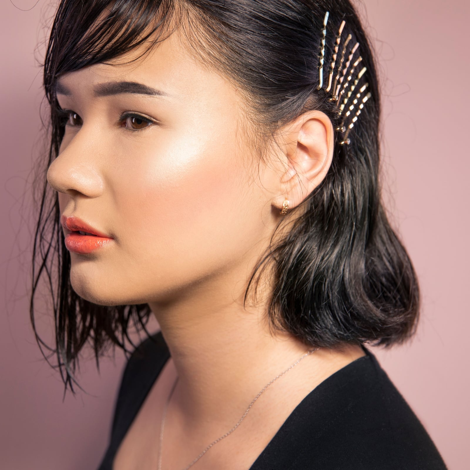 Chin Length Dark Brown Bob Wet Look Sparkly Pins — Trendy Bobby Pins Hairstyles