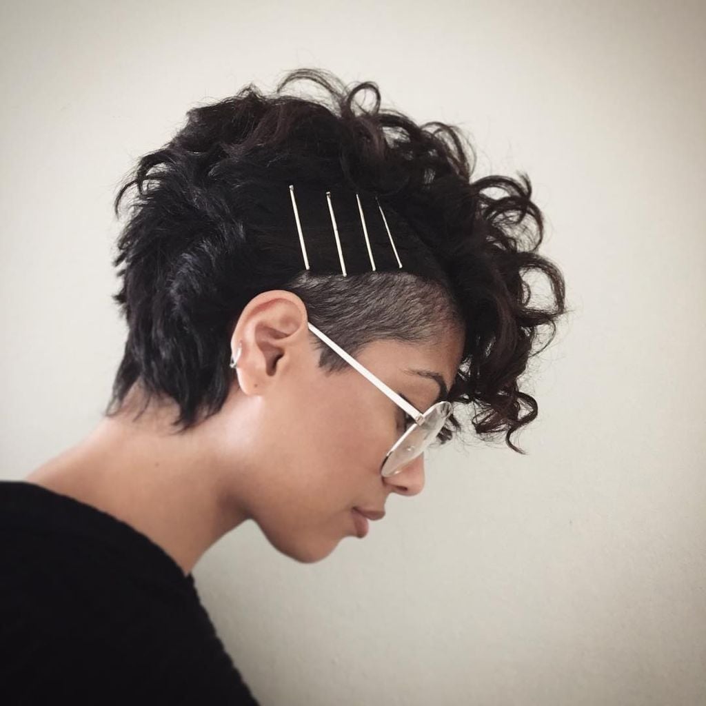 Undercut Curly Black Hair With Silver Bobby Pins — Trendy Bobby Pins Hairstyles