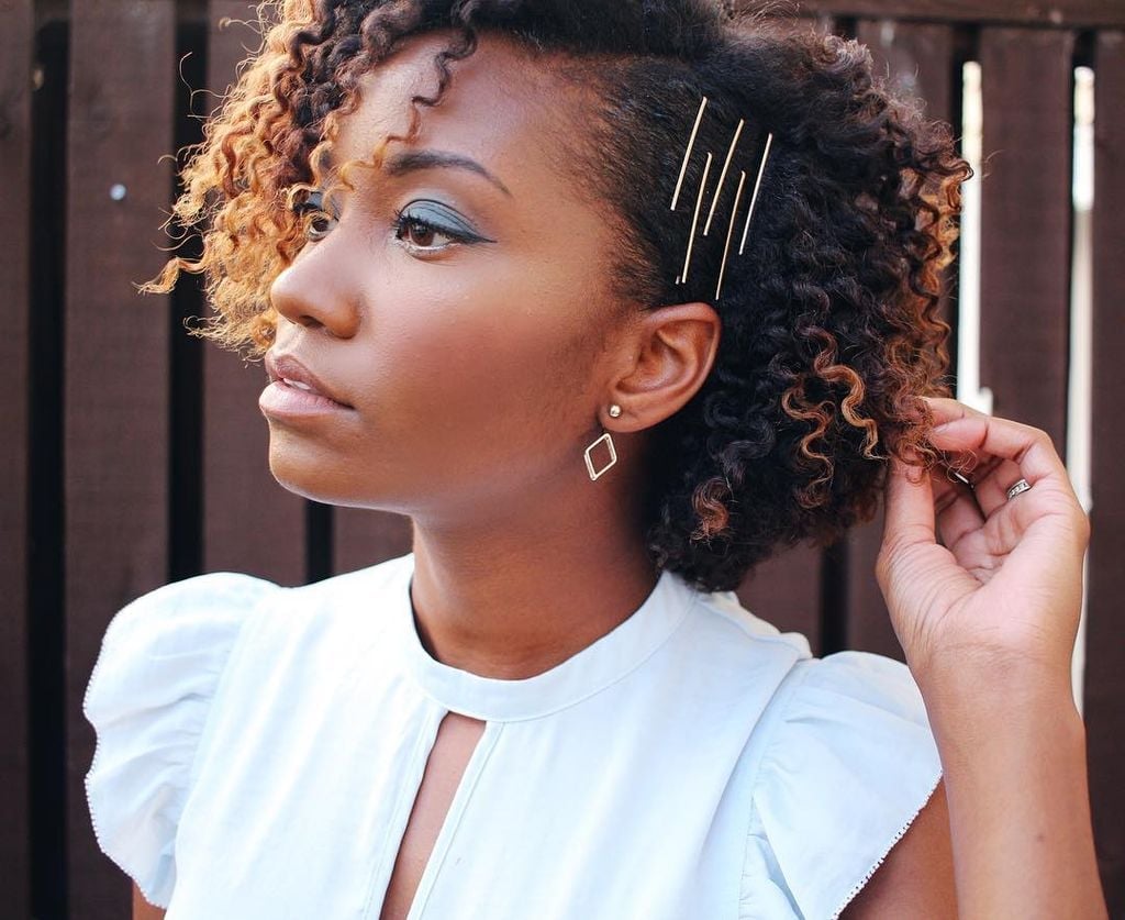 Undercut Curly Black With Blonde Highlights Gold Pins — Trendy Bobby Pins Hairstyles