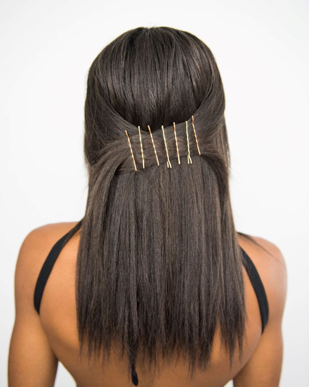 Mid-Back Straight Dark Brown Half Up Gold Pins — Trendy Bobby Pins Hairstyles