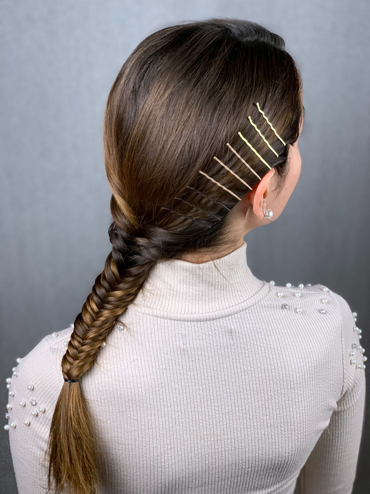 Mid-Back Dark Brown Fishtail Braid Gold Pin Accent — Trendy Bobby Pins Hairstyles