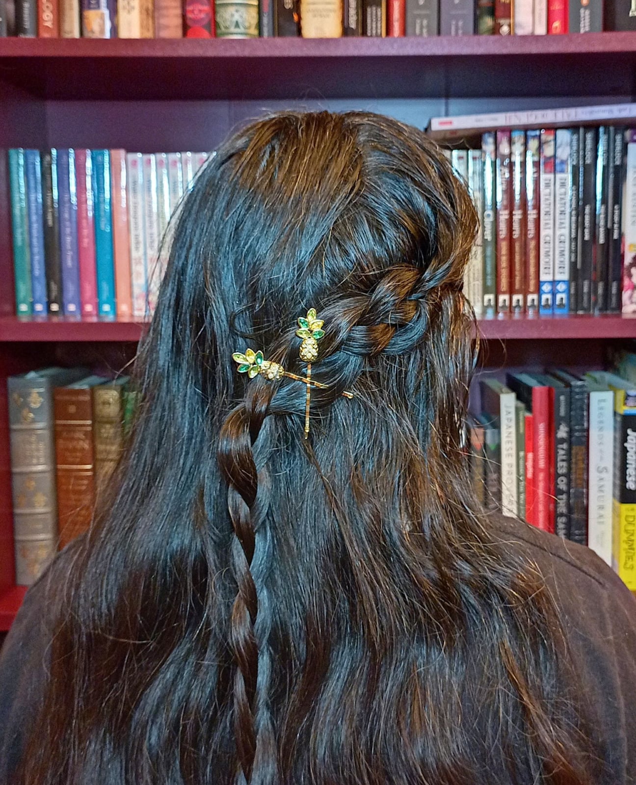 Mid-Back Dark Brown Braids Half Up Floral Pins With Long Layers — Trendy Bobby Pins Hairstyles
