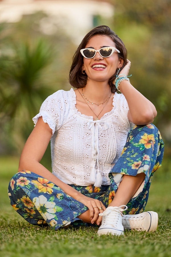White Eyelet Top with Floral Print Wide-Leg Pants — Trendy Boho Chic Outfits