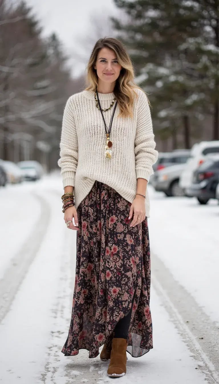 Chunky Knit Sweater with Floral Print Maxi Skirt — Trendy Boho Chic Outfits