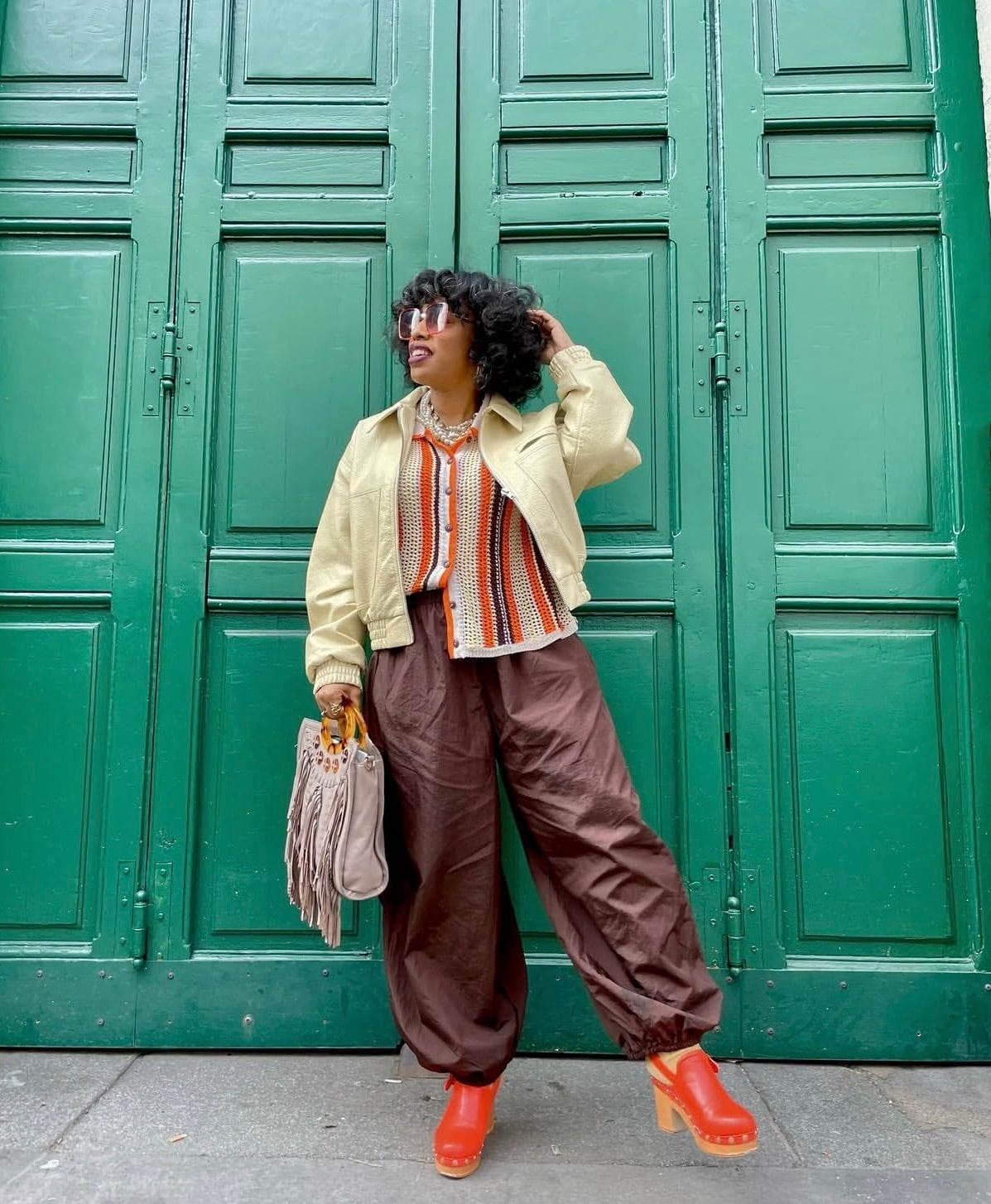 Cream Oversized Jacket with Crochet Knit Top and Wide-Leg Pants — Trendy Boho Chic Outfits