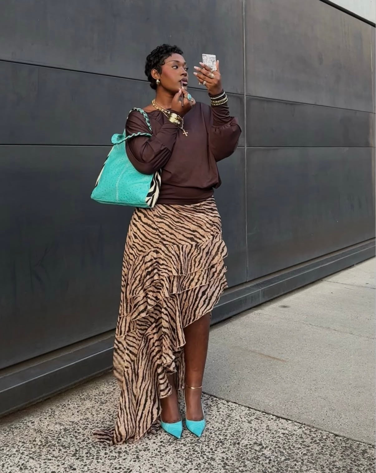 Tiger Print Asymmetrical Ruffled Skirt with Brown Blouse — Trendy Boho Chic Outfits