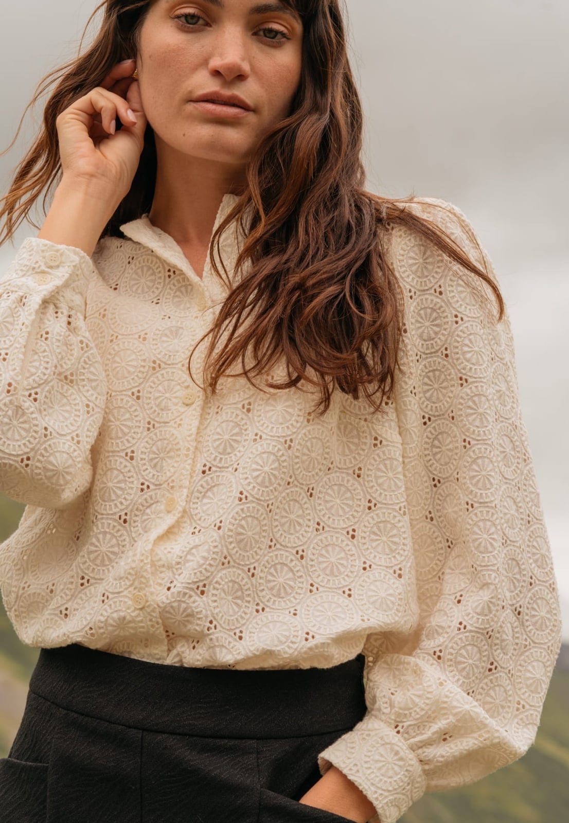 Broderie Anglaise Blouse with Textured Black Skirt — Trendy Boho Chic Outfits