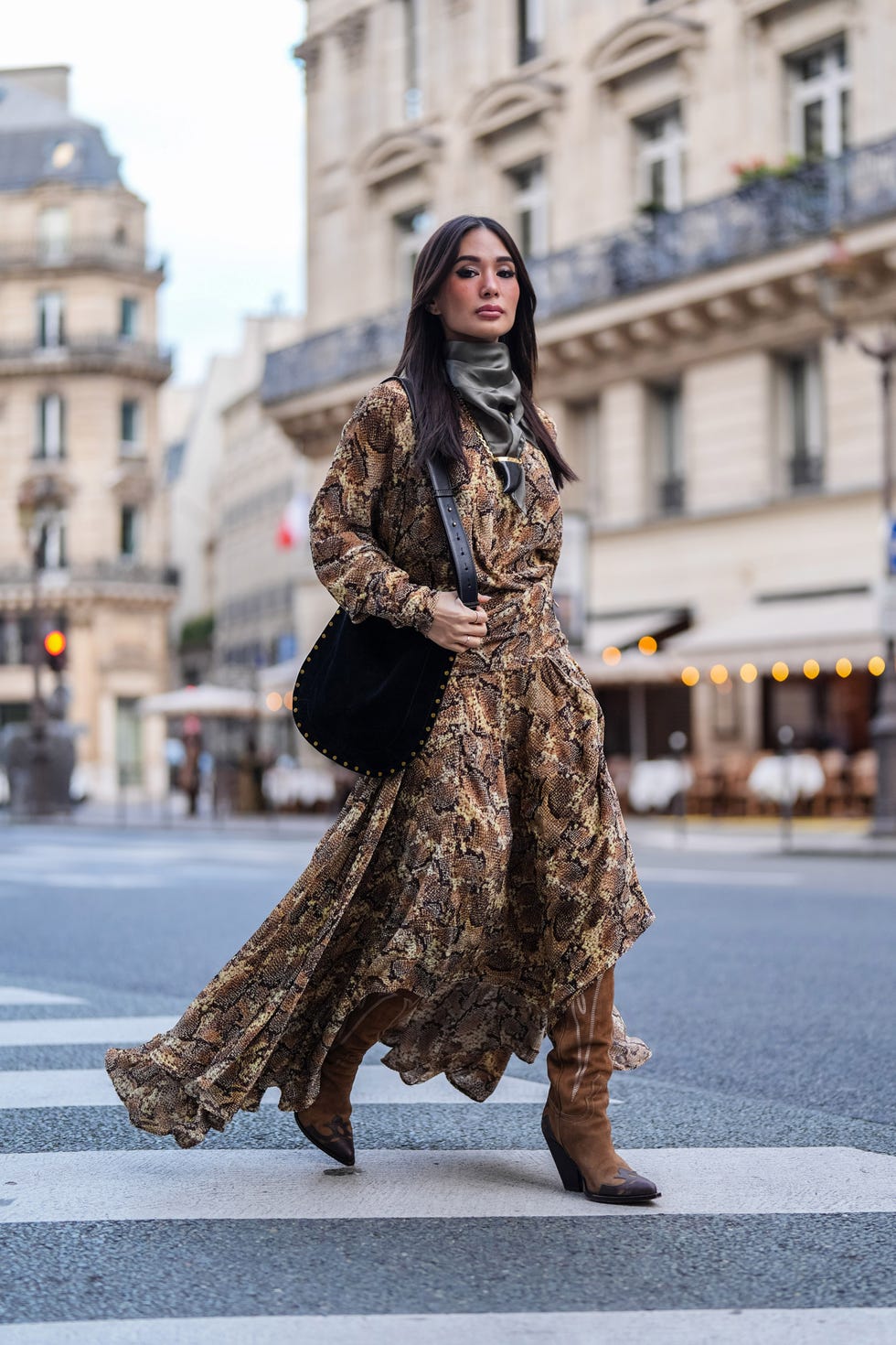 Snake Print Maxi Dress with Cowboy Boots — Trendy Boho Chic Outfits