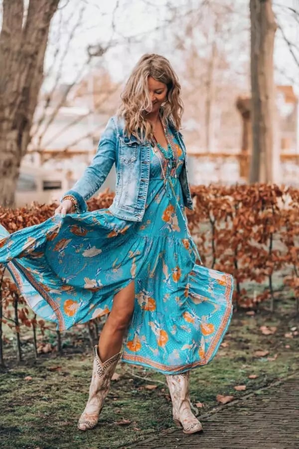 Denim Jacket Over Floral Print Maxi Dress with Cowboy Boots — Trendy Boho Chic Outfits