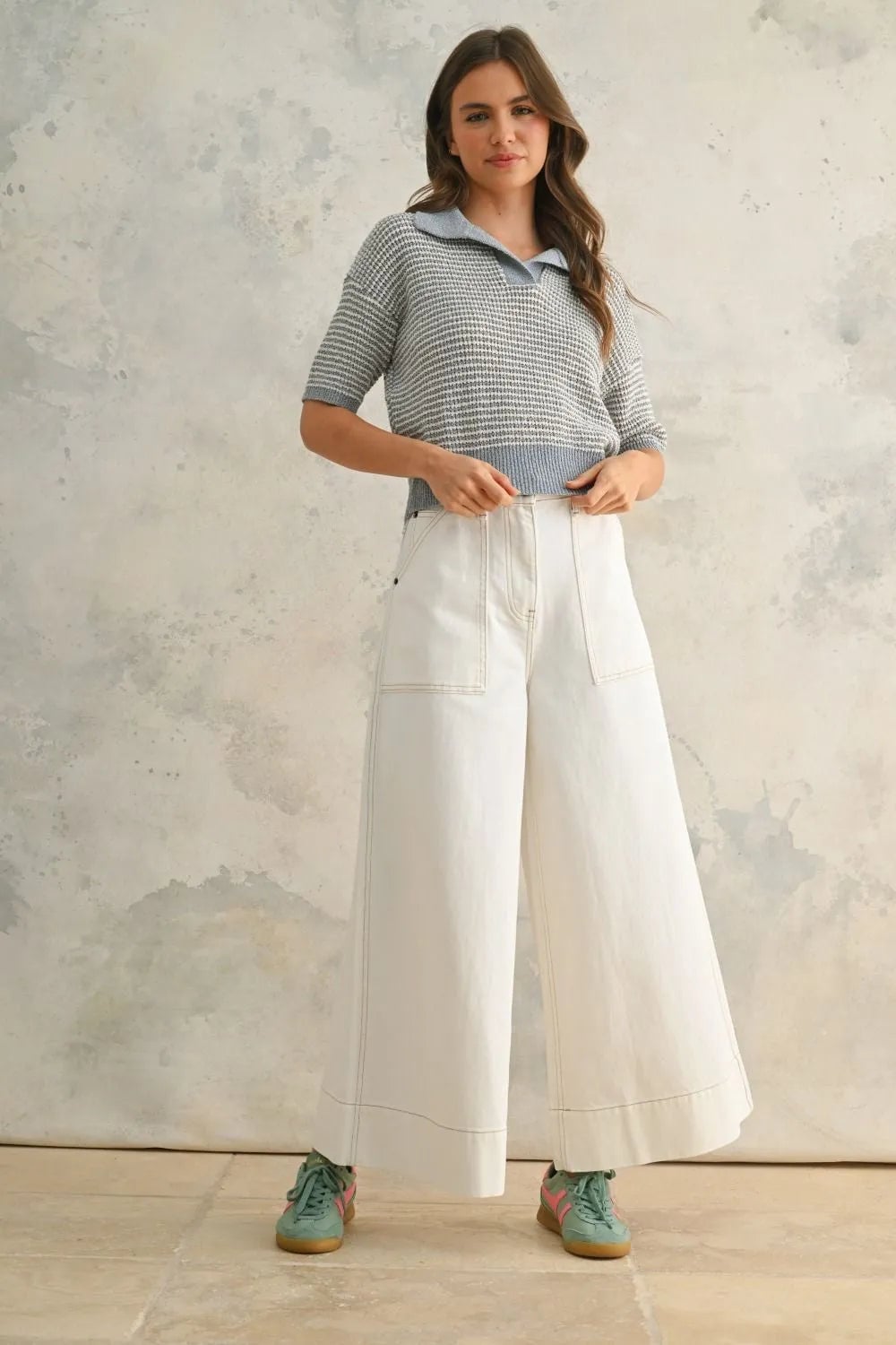 Wide-leg White Denim Pants with Striped Knit Polo — Trendy Boho Chic Outfits
