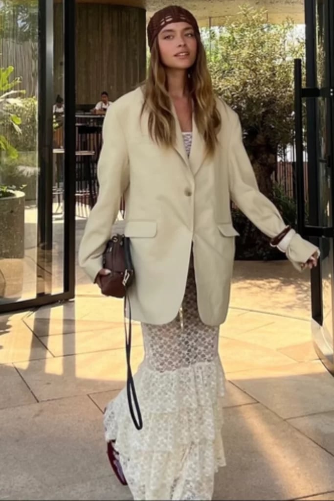 Oversized Cream Blazer Over White Lace Maxi Dress — Trendy Boho Chic Outfits