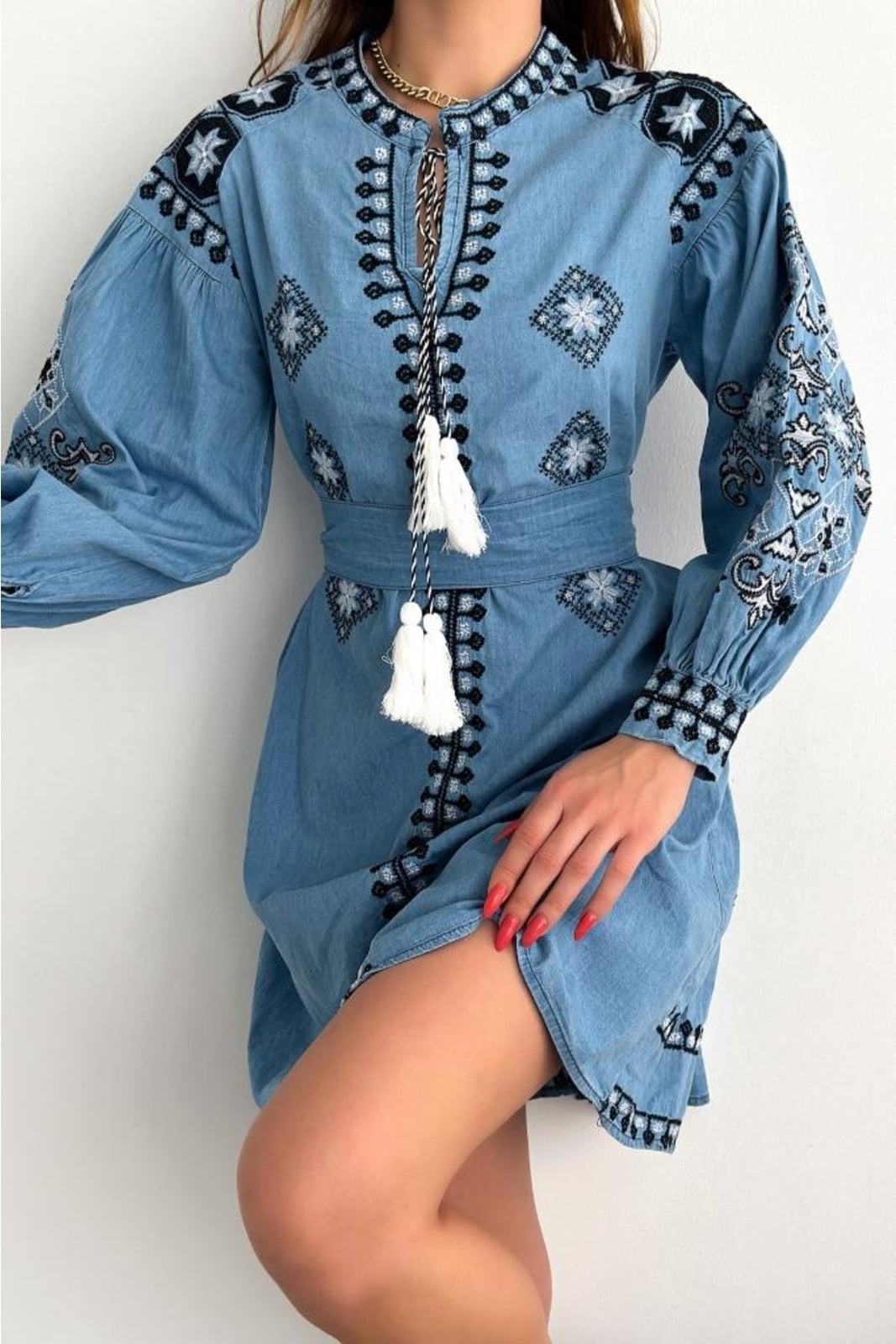 Embroidered Denim Dress with Tassels — Trendy Boho Chic Outfits