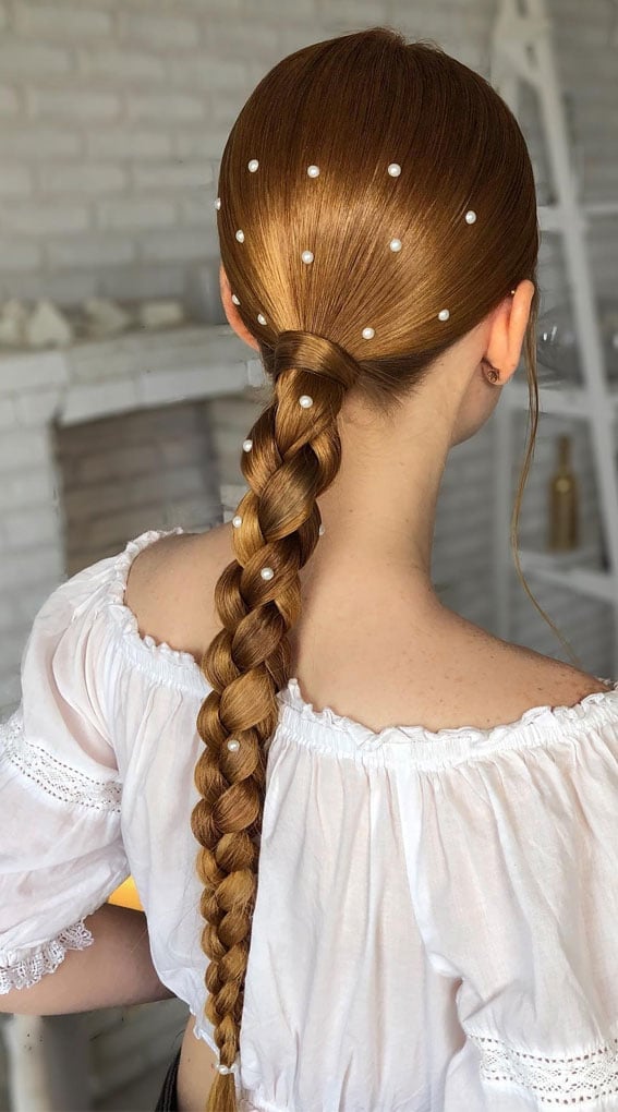 Caramel Blonde Braided Ponytail With Pearls Caramel Blonde Braided Ponytail With Pearls — Trendy Braided Ponytail