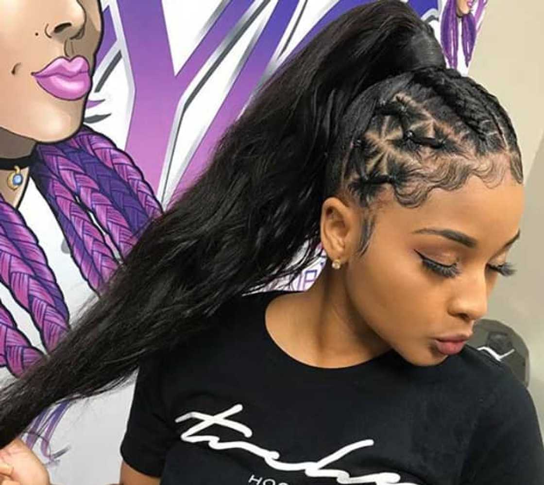 Black Ponytail Geometric Braids and Baby Hairs Black Ponytail Geometric Braids and Baby Hairs — Trendy Braided Ponytail