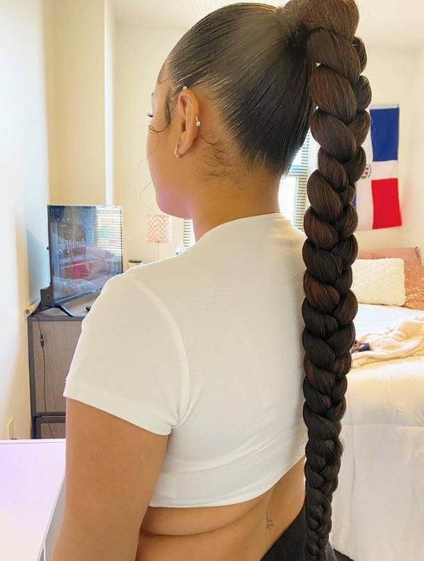 Deep Dark Brown Thick Braided Ponytail Deep Dark Brown Thick Braided Ponytail — Trendy Braided Ponytail