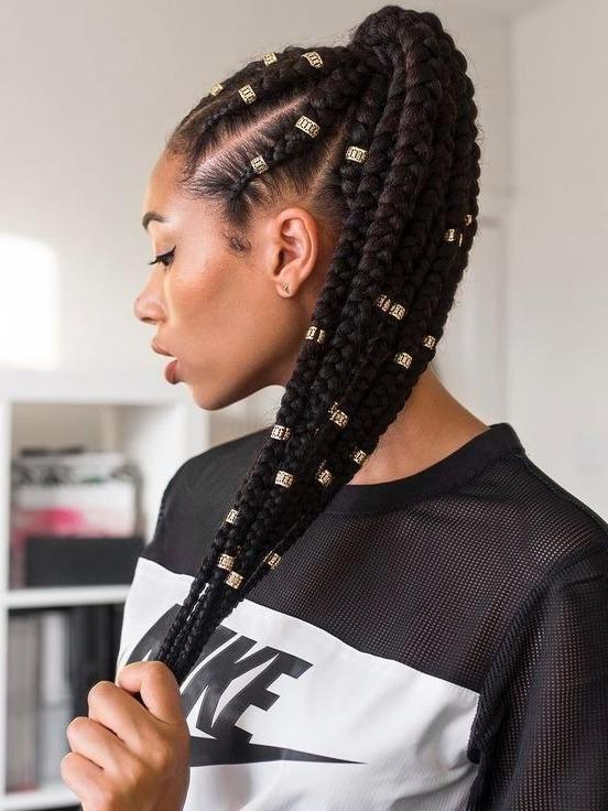 Black Box Braids Ponytail With Gold Beads Black Box Braids Ponytail With Gold Beads — Trendy Braided Ponytail