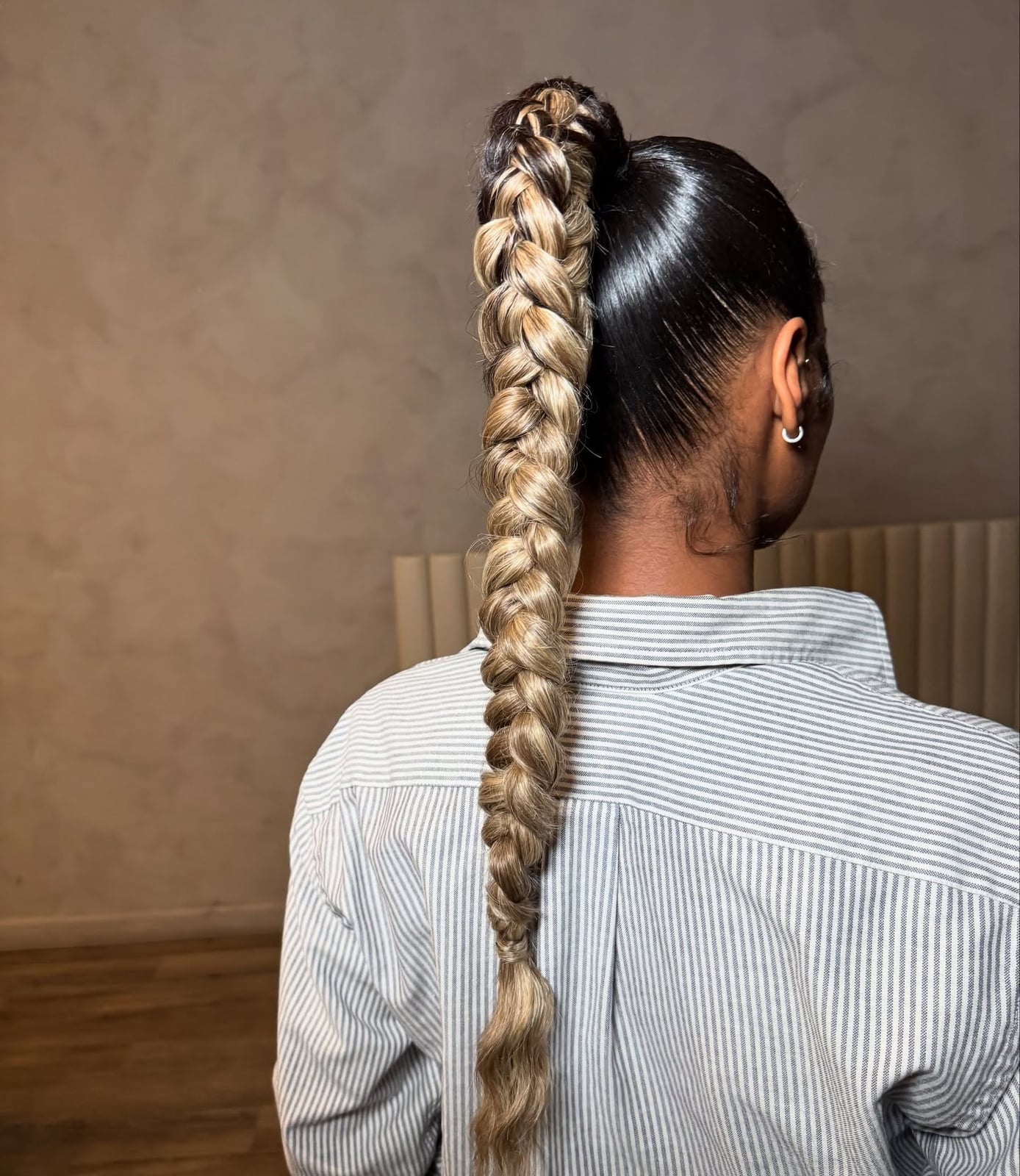 Dark Base Blonde Highlights Chunky Braid Dark Base Blonde Highlights Chunky Braid — Trendy Braided Ponytail