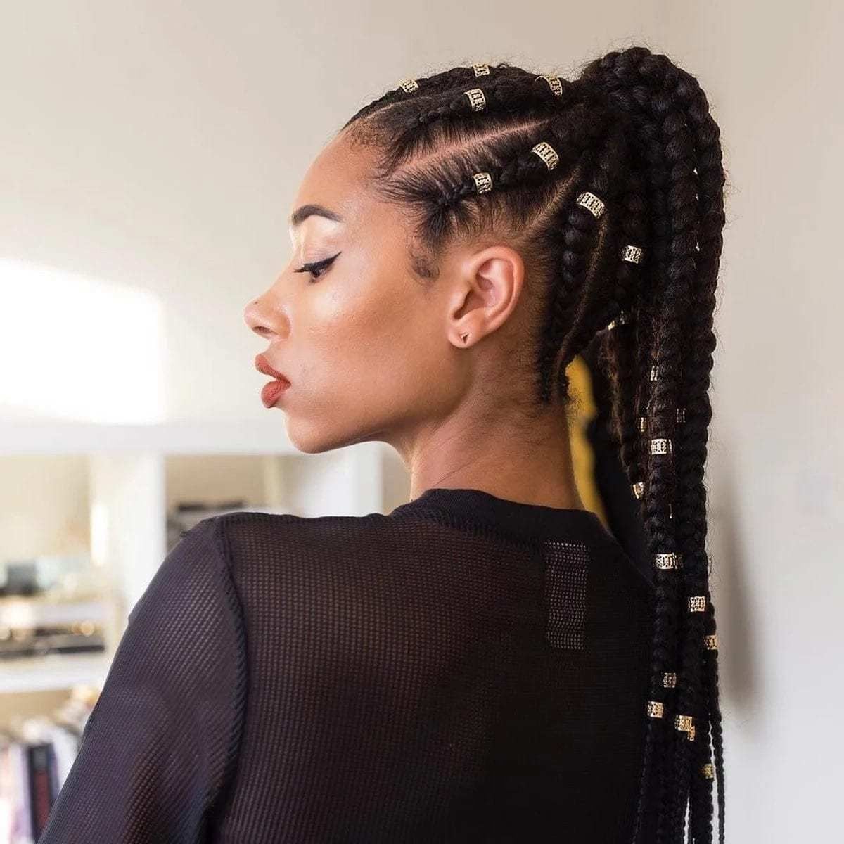 Black Beaded Cornrow Ponytail Side Part Black Beaded Cornrow Ponytail Side Part — Trendy Braided Ponytail
