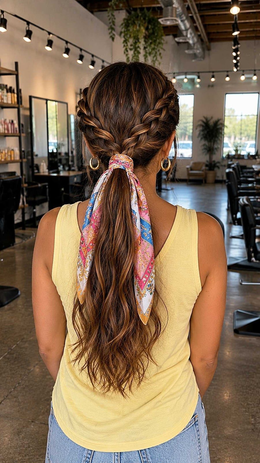 Dark Brown Ponytail With Face-Framing Braids and Scarf Dark Brown Ponytail With Face-Framing Braids and Scarf — Trendy Braided Ponytail