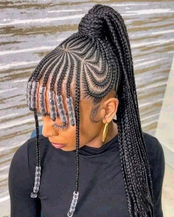Black Fulani Braids High Ponytail with Beads Black Fulani Braids High Ponytail with Beads — Trendy Braided Ponytail