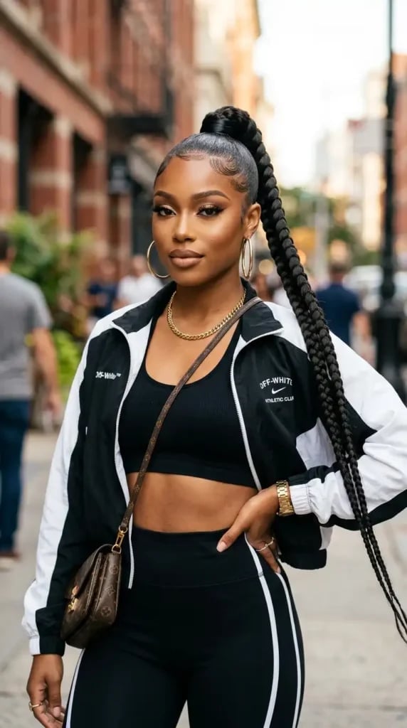 Sleek Black High Ponytail Single Braid Sleek Black High Ponytail Single Braid — Trendy Braided Ponytail