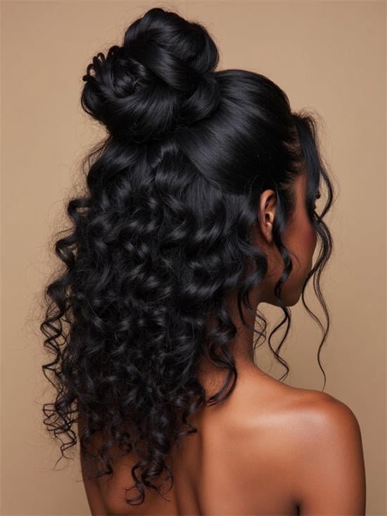 Voluminous Black Updo With Loose Waves Voluminous Black Updo With Loose Waves — Trendy Bridal Hair
