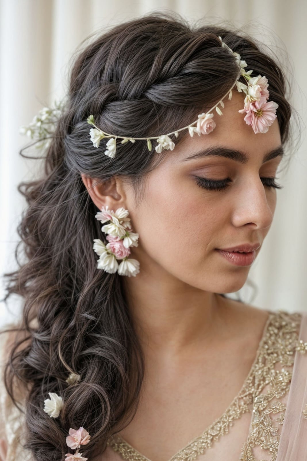 Side Braid With Loose Waves and Floral Headband Side Braid With Loose Waves and Floral Headband — Trendy Bridal Hair