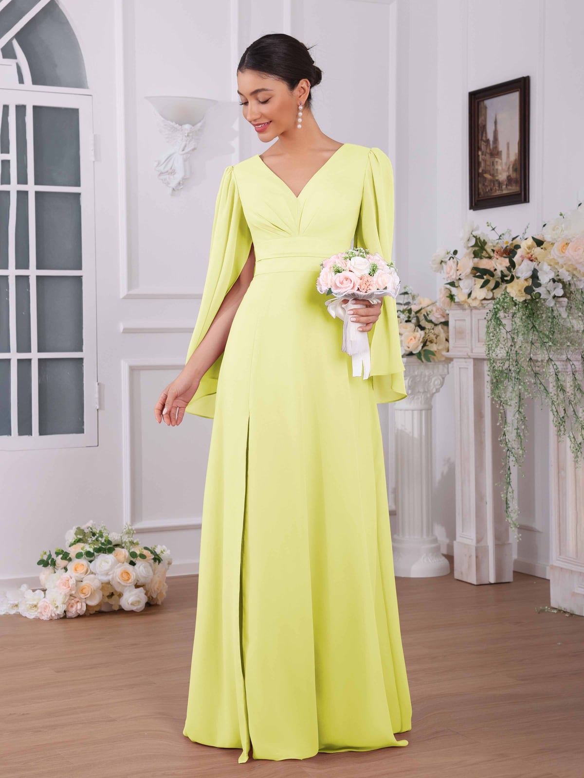Lime Yellow Chiffon A-Line Dress with Cape Sleeves — Trendy Bridesmaid Dress