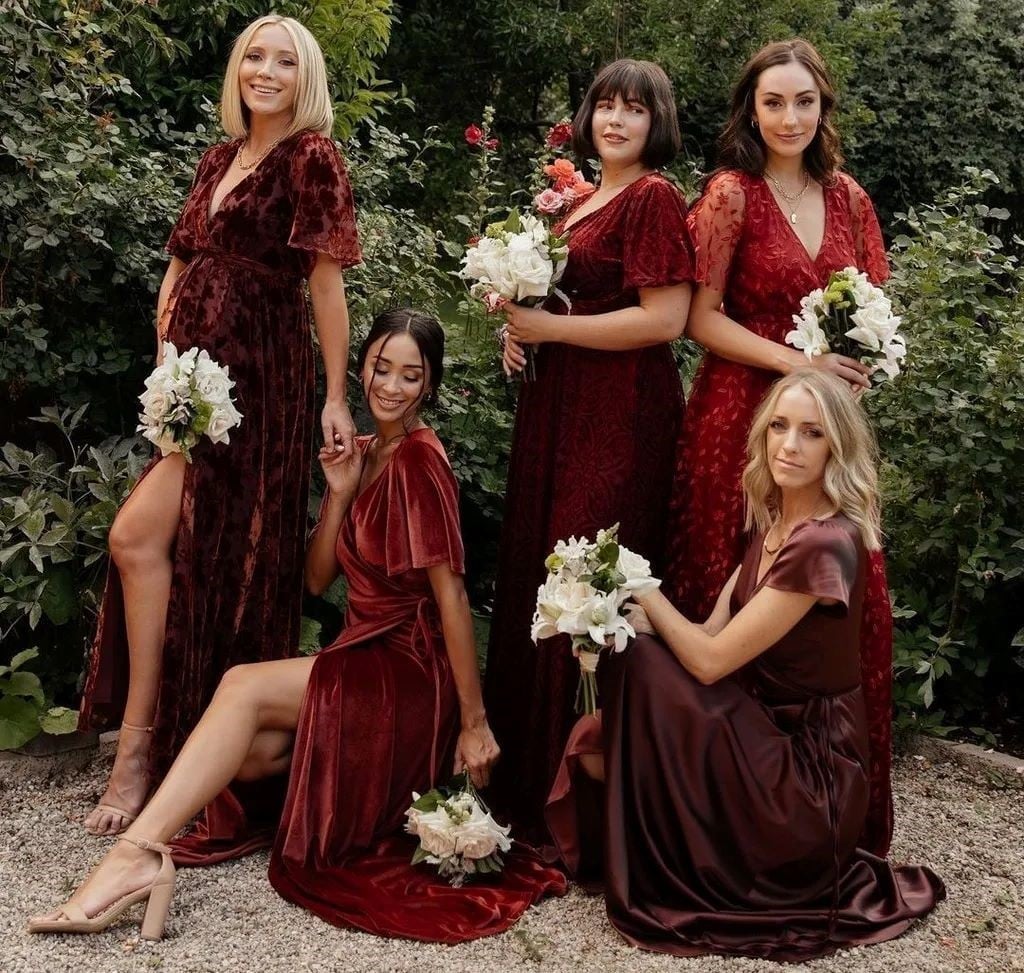 Deep Red Velvet and Lace A-Line and Fitted Gowns — Trendy Bridesmaid Dress