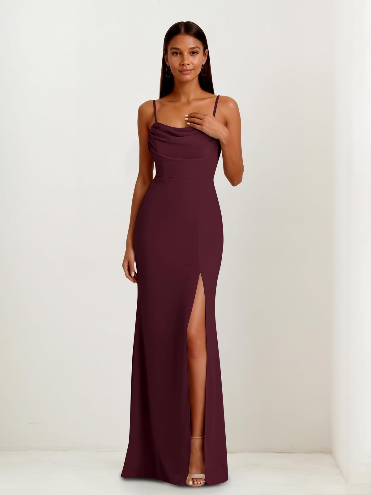 Burgundy Chiffon A-Line Maxi Dress with High Slit — Trendy Bridesmaid Dress