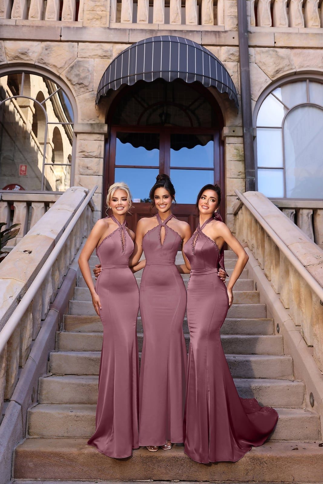 Mauve Satin Mermaid Dress with Halter Neckline — Trendy Bridesmaid Dress