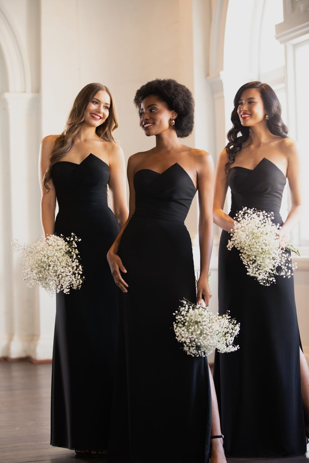Black Strapless Gowns with Sweetheart Neckline and High Slits — Trendy Bridesmaid Dress