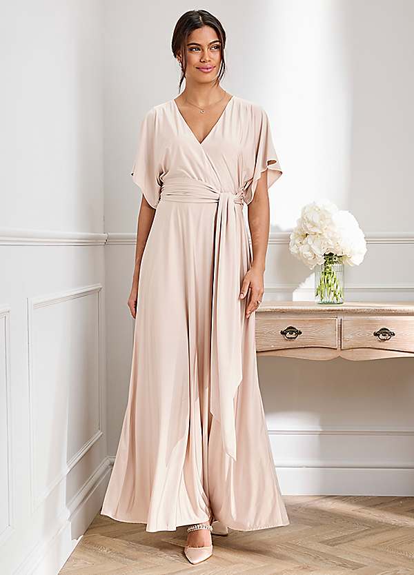 Pale Blush Satin Wrap Dress with Flowy Sleeves — Trendy Bridesmaid Dress