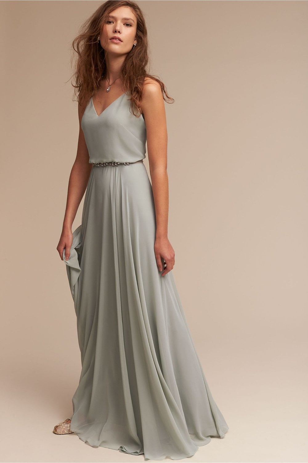 Light Grey Chiffon A-Line Dress with Beaded Belt — Trendy Bridesmaid Dress