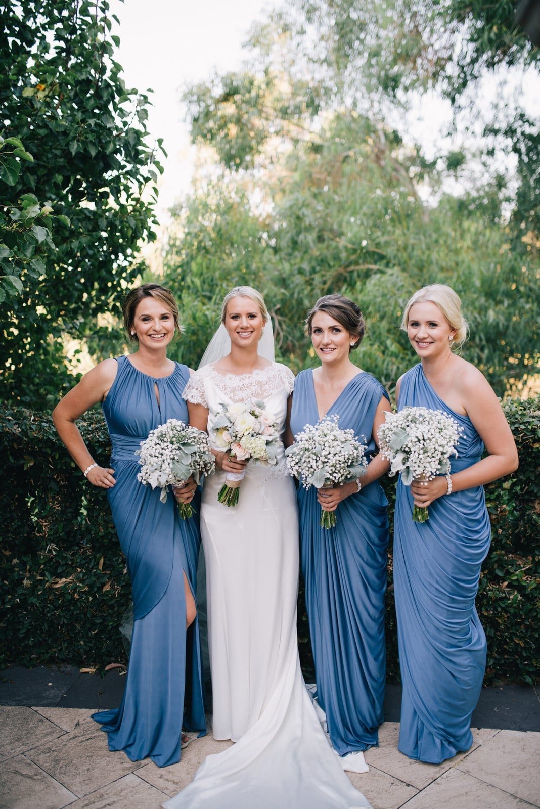 Dusty Blue and White Chiffon and Jersey Bridesmaid Dresses — Trendy Bridesmaid Dress