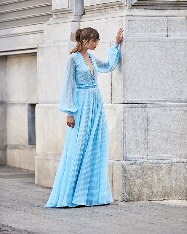 Light Blue Textured Maxi Dress with Plunging Neckline — Trendy Bridesmaid Dress