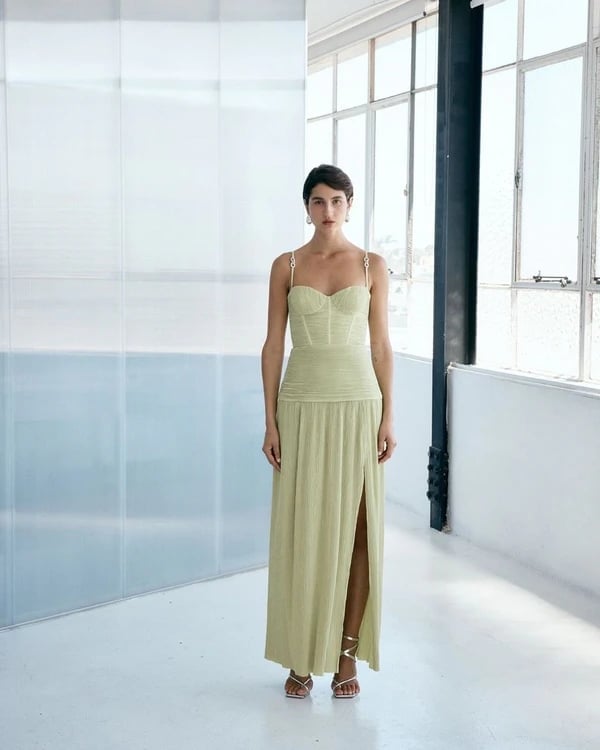 Pale Green Textured Dress with Asymmetrical Neckline — Trendy Bridesmaid Dress
