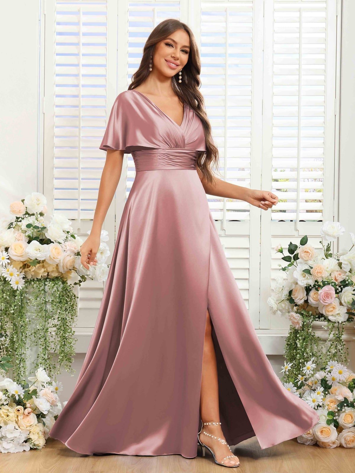 Deep Pink Satin Maxi Dress with Cowl Neckline — Trendy Bridesmaid Dress