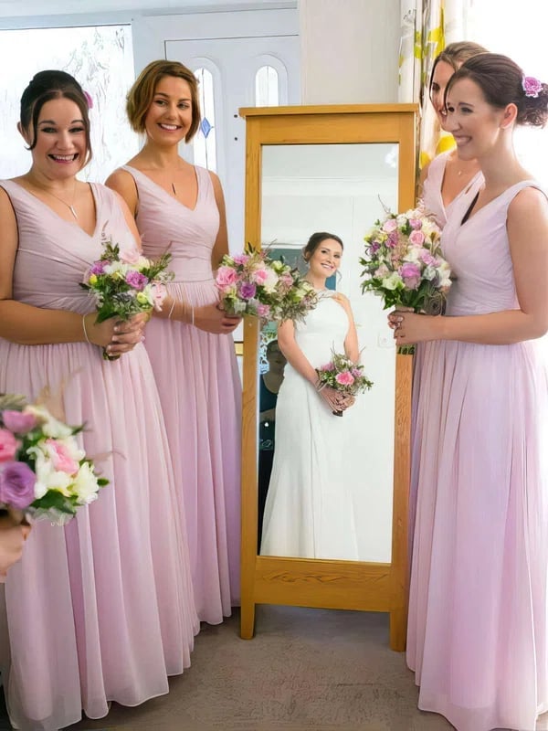 Pink Chiffon A-Line Dress with Flutter Sleeves — Trendy Bridesmaid Dress