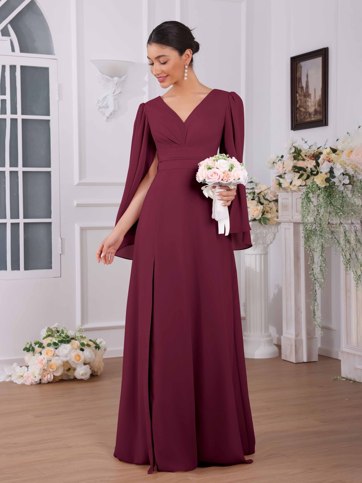 Burgundy V-Neck Dress with Cape Sleeves and High Slit — Trendy Bridesmaid Dress