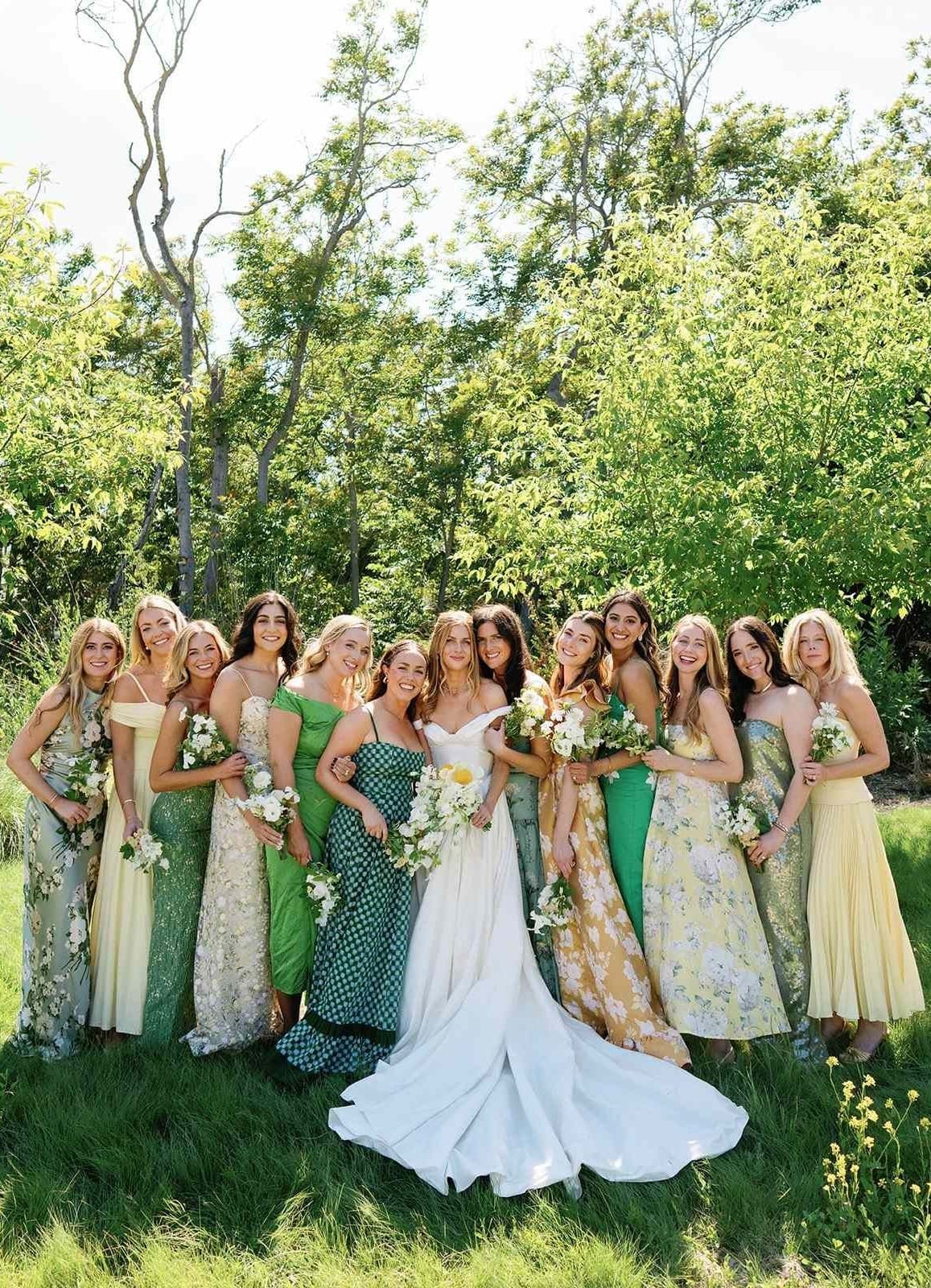 Mixed Pastel and Green Chiffon, Satin, and Lace, Office-Safe Version — Trendy Bridesmaid Dress