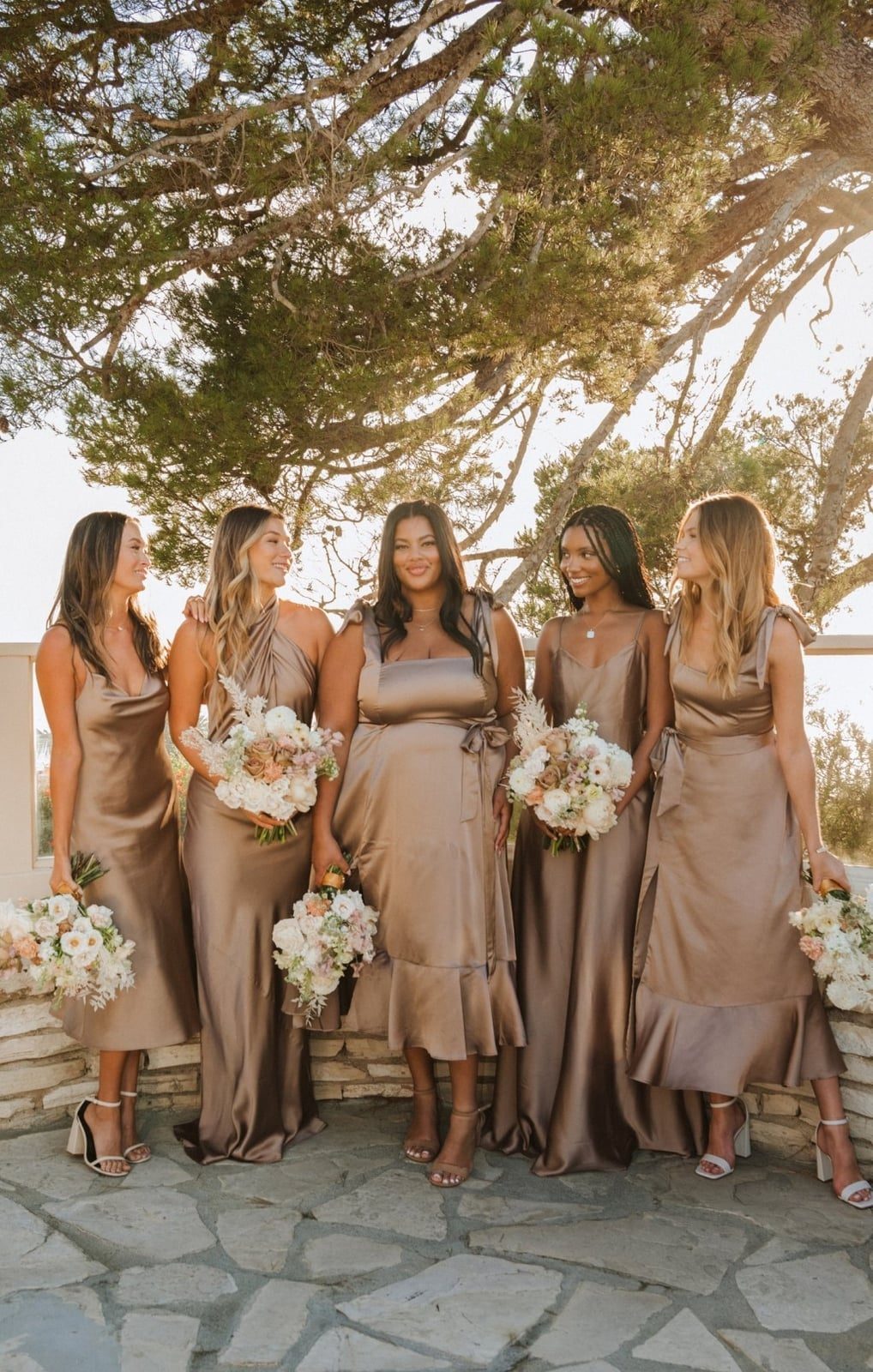 Bronze Satin Midi Dresses with Tiered Hem, Close-Up Take — Trendy Bridesmaid Dress